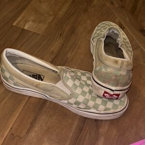 Vans Green and White Checkered Slip-Ons